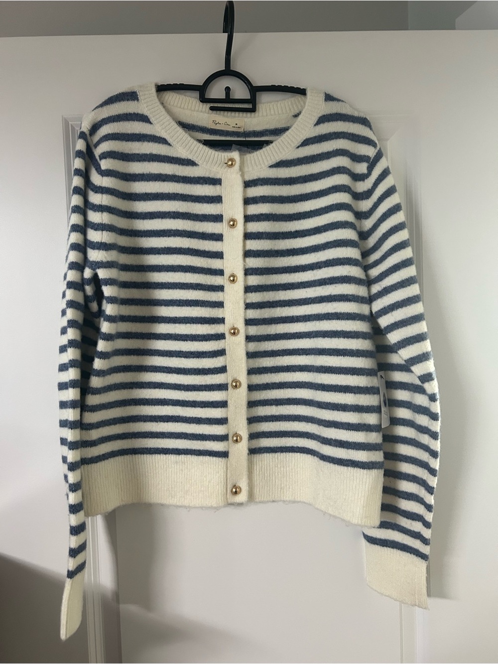 Rylee + Cru Cream Crewneck Cardigan with Blue Stripes & Gold Buttons